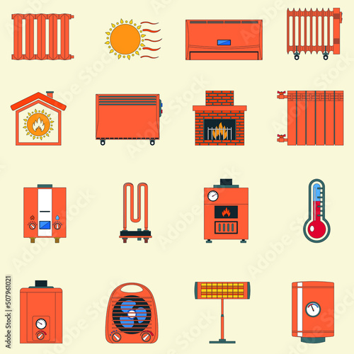 Heating elements color flat vector icon collection set