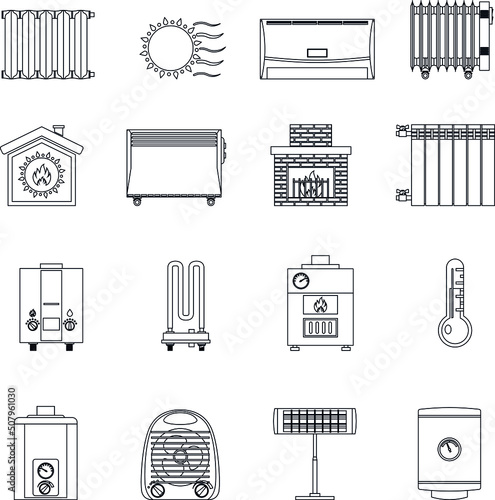 Heating elements outline flat vector icon collection set