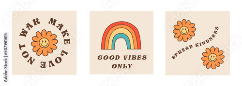 Set of square cards with motivational and inspirational quotes in 60s 70s 80s style. Hippie culture phrases with rainbow. Daisy flowers with hippy text. Vector flat illustration.