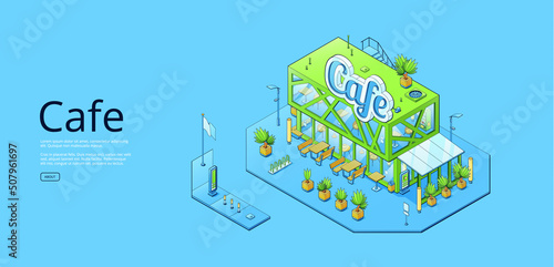 Banner with isometric cafe building, modern architecture isolated on blue background. Vector horizontal poster with axonometric illustration of cafeteria facade with tables and benches outside photo