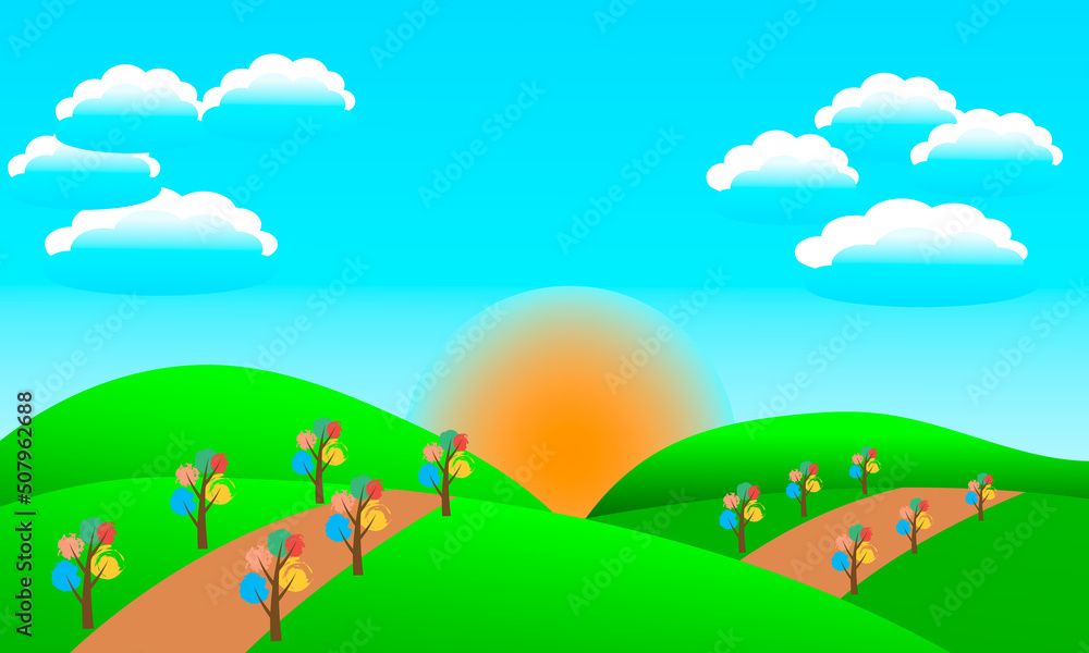 Obraz premium Banner with natural elements. Illustration of natural landscape. Mountain forest layout design. Artistic landscape template. Natural landscape background. Vector illustration of a meadow.