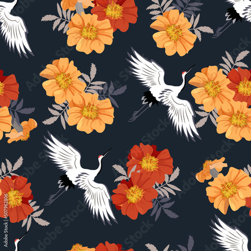 Fototapeta Naklejka Na Ścianę i Meble -  Seamless vector illustration with yellow, red marigolds and flying cranes on a black background.