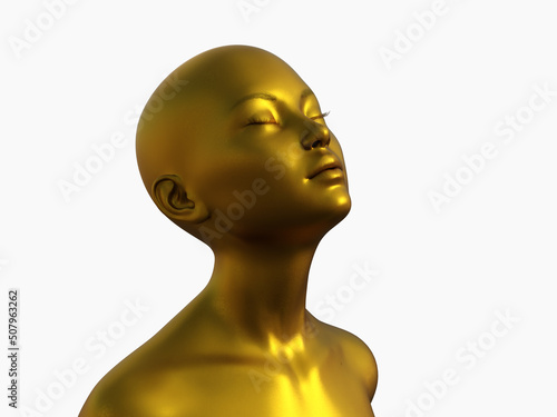 3D render portrait of a gold bald woman on a white background.