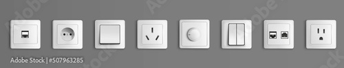 Electric sockets and switches on wall. Vector realistic set of 3d different types toggles and outlet for european and usa plugs, adapter connectors. White plastic house supplies