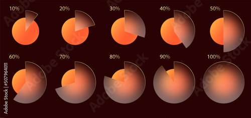 Glass morphism effect. Set of transparent frosted acrylic chart infographic percent. Orange yellow gradient circles on dark brown background. Realistic glassmorphism matte plexiglass shape. Vector