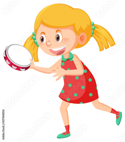 Girl with tambourine on white background