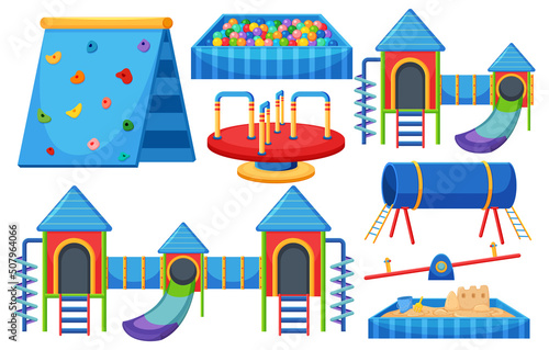 Set of children playground equipment on white background