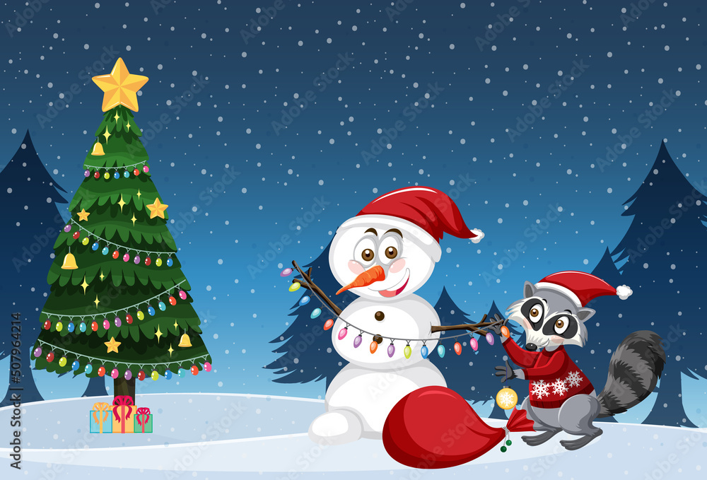 Christmas theme with snowman and chrismas tree