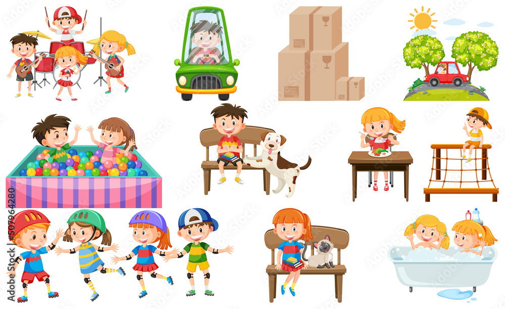 Set of cute kids and objects Set of cute kids and objects
