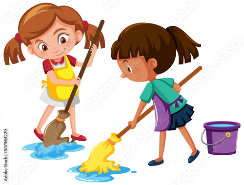 Girl mopping the floor on white background