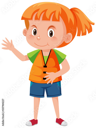 Little girl wearing orange life jacket in cartoon style