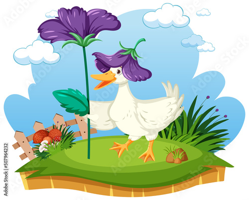 Cute duck holding flower at the garden