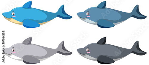 Set of different dolphins in cartoon style