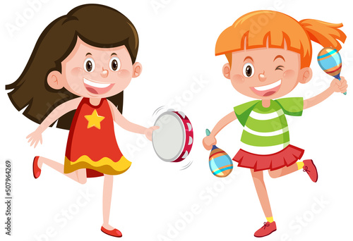 Two girls playing maracas and tambourine