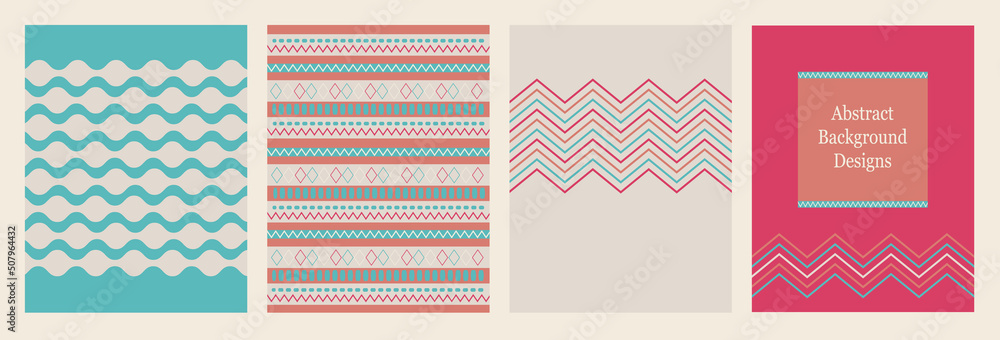 Geometric abstract background in blue pink orange and white. Modern art striped chevron pattern. Zigzag lines and design elements. Set or collection of backgrounds. Geometric abstract background in blue pink orange and white. Modern art striped chevron pattern. Zigzag lines and design elements. Set or collection of backgrounds.