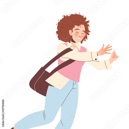 Young Smiling Woman Outstretching Her Arms Showing Positive Hand Gesture Vector Illustration