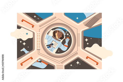 Man Astronaut Character in Outer Space in Spacesuit Looking in Porthole of Shuttle Vector Illustration