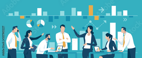 Team and business chart. The team discusses stock market developments. Vector illustration.