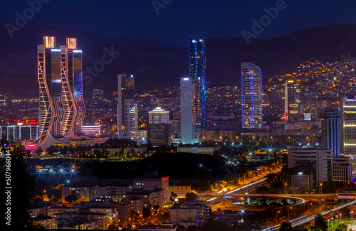 Bayrakli, Karsiyaka, Izmir, Turkey : May 2, 2022, View of Izmir Bay in the evening from the high hill of Bayrakli. Long exposure, low light.