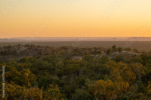 Sunset at Undara Volcanic National Park, Queensland, Australia. Looking out to the mountains and the horizon.  photo
