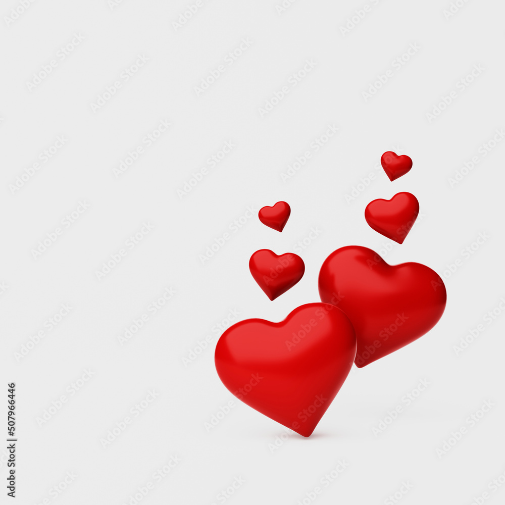 Two red hearts and several smaller ones on white, 3d rendering