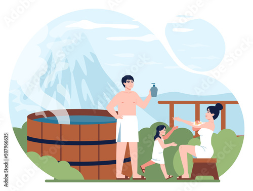 Happy asian family bathing at onsen. Parents with children relaxing