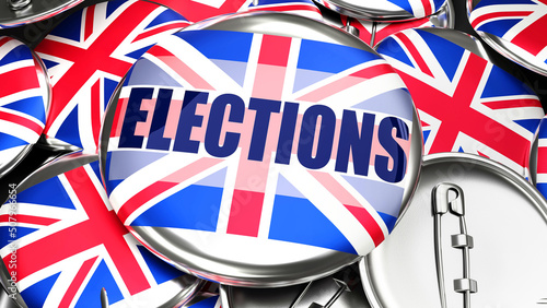 UK England and Elections - dozens of pinback buttons with a flag of UK England and a word Elections. 3d render symbolizing upcoming Elections in this country.,3d illustration