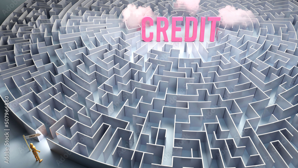Credit and a difficult path, confusion and frustration in seeking it, hard journey that leads to Credit,3d illustration Credit and a difficult path, confusion and frustration in seeking it, hard journey that leads to Credit,3d illustration