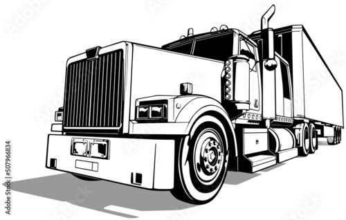 Drawing of an American Truck with a Trailer - Black Illustration Isolated on White Background, Vector