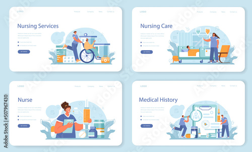 Nurse web banner or landing page set. Medical assistant, hospital worker