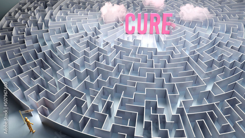 Cure and a difficult path, confusion and frustration in seeking it, hard journey that leads to Cure,3d illustration