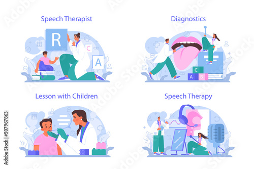 Speech therapist concept set. Didactic correction and speech treatment idea photo