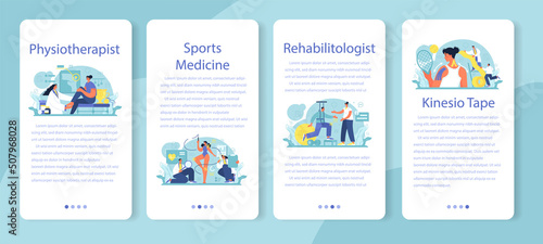 Sports medicine mobile application banner set. Doctor helping patients