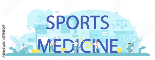Sports medicine typographic header. Doctor helping patient during