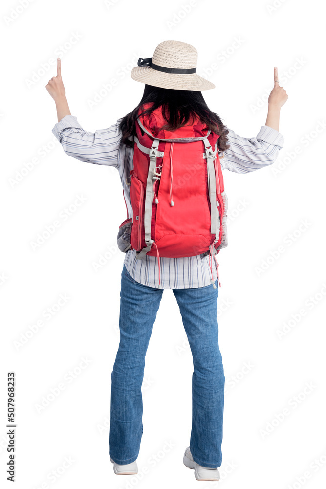 Rear view of Asian woman with hat and backpack standing and pointing something Rear view of Asian woman with hat and backpack standing and pointing something