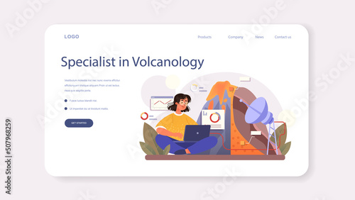 Volcanologist web banner or landing page. Geologist studying the processes