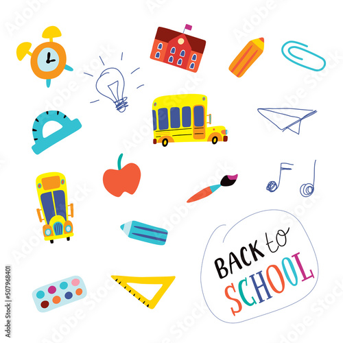 Back to school. Set in vector. Childish illustration on a white background. 