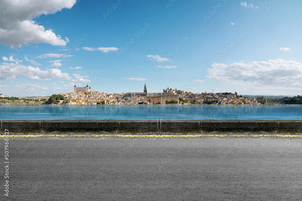 Street view with lake and cityscapes