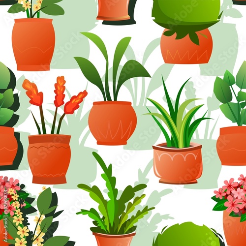 Indoor plants and flowers. In ceramic pots. Homemade beautiful herbs. Seamless pattern. Isolated on white background. Cartoon fun style. Vector