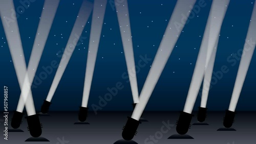 Spotlights shine at night in dark sky. Animated illustration for party, premiere and entertainment