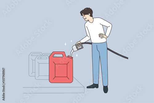 Male driver with pistol hoard petrol in can at gas station. Smiling man buy petroleum collect liquid in canister. Flat vector illustration, cartoon character. 