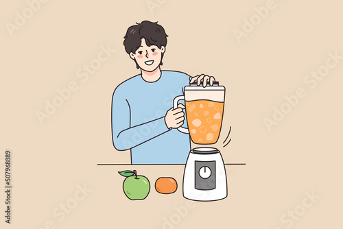 Smiling young man make fresh fruit juice in blender at home. Happy guy drink homemade smoothie follow healthy lifestyle. Diet and nutrition. Vector illustration. 