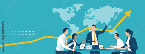 Strategy. World map, team and rising arrow sign. The Team discusses global strategy and success. Business vector illustration.