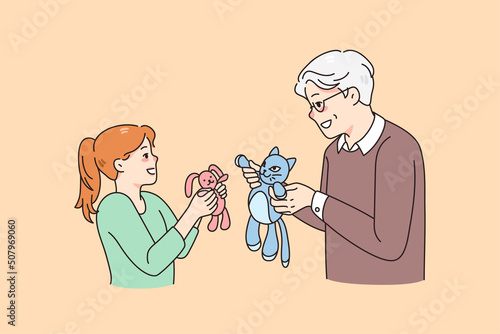 Happy mature grandfather play dolls with smiling little granddaughter. Smiling loving grandpa have fun enjoy toy game with excited small grandchild. Young and old generation. Vector illustration. 