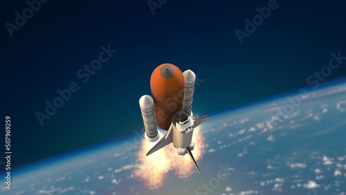 Space shuttle travelling in space	 photo