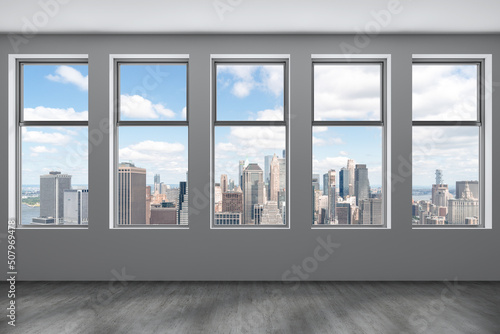 Downtown New York Lower Manhattan City Skyline Buildings from High Rise Window. Beautiful Expensive Real Estate. Empty room Interior Skyscrapers View Cityscape. Financial district. Day. 3d rendering.