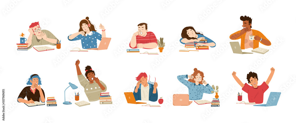 Εκτύπωση καμβά Tired people yawn while work or study at desk with books and laptop