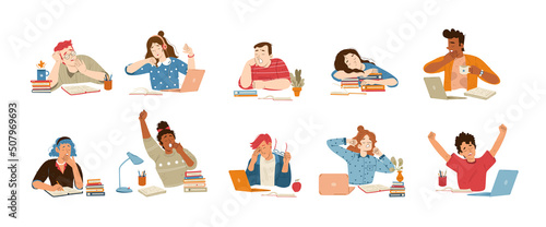 Tired people yawn while work or study at desk with books and laptop. Vector flat illustration of bored and sleepy characters, students feel tiredness, girl sleep on books stack
