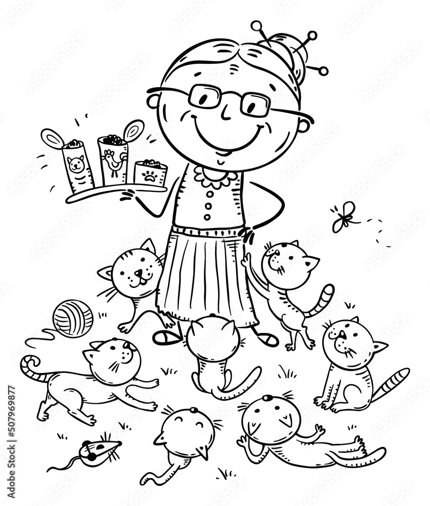 Granny feeding cats, cat lady outline vector illustration Granny feeding cats, cat lady outline vector illustration
