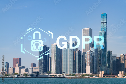 City view of Downtown skyscrapers of Chicago skyline panorama over Lake Michigan, harbor area, day time, Illinois, USA. GDPR hologram, concept of data protection regulation and privacy for individuals